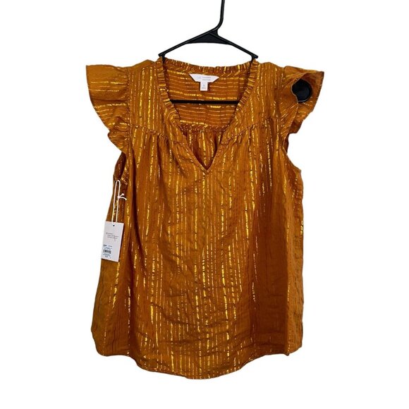 LC Lauren Conrad Women SZ S Mustard Gold Striped Top Blouse Tie V Neck Pullover - Picture 2 of 13